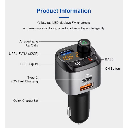Bluetooth Ασύρματος FM Πομπός Αυτοκινήτου M25 – Bluetooth v5.3, Handsfree, QC 3.0 & RGB Φωτισμός